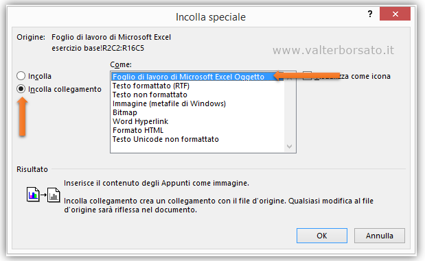 Collegare WORD con  un Foglio di Excel,finestra di dialogo Incolla speciale