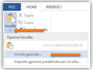 Collegare WORD con dati provenienti da un Foglio di Excel, il comado Incolla