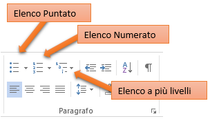 WORD elenchi puntati e numerati | pulsanti elenco numerato, elenco puntato, elenco a più livelli